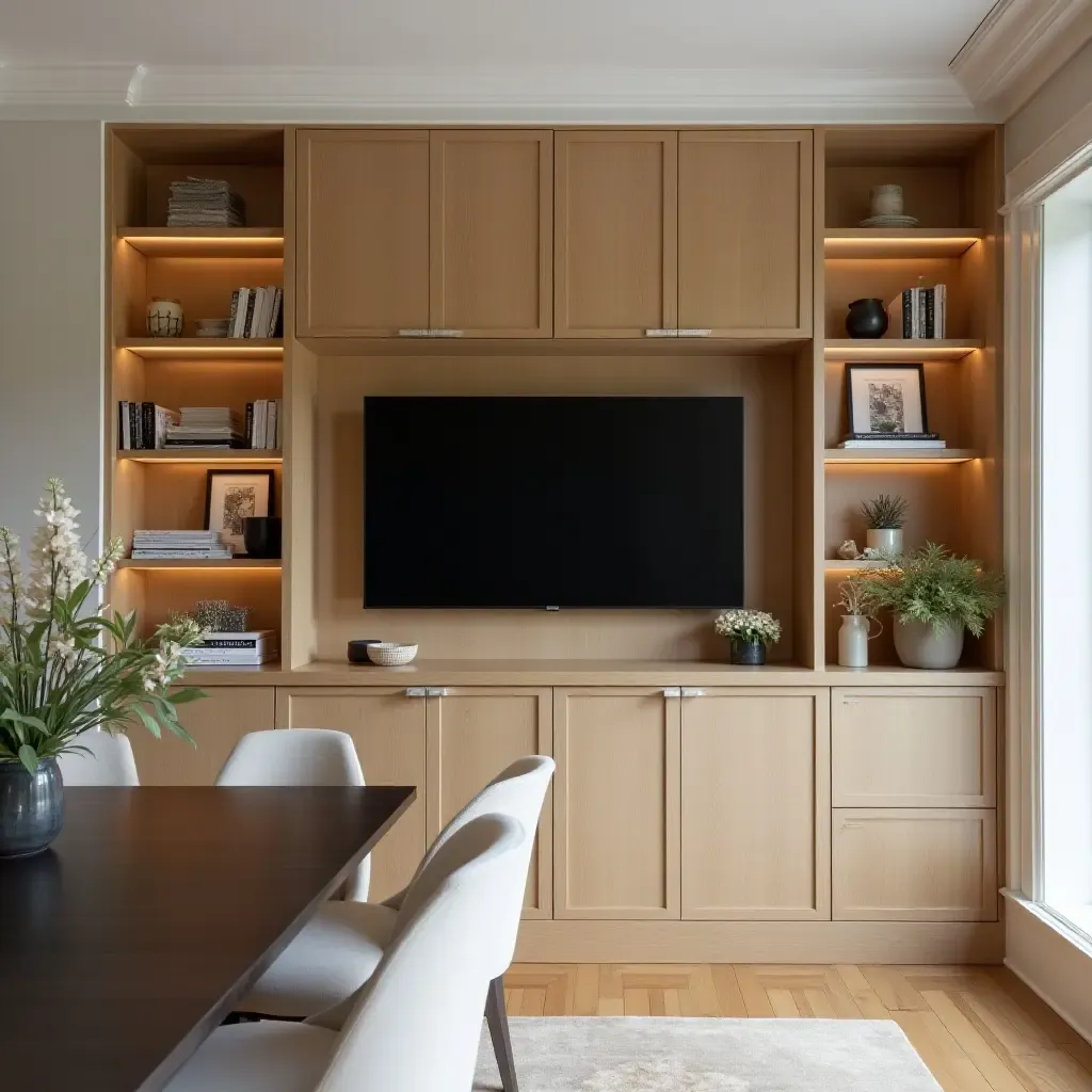 a photo of a dining area featuring a TV embedded in a custom cabinetry