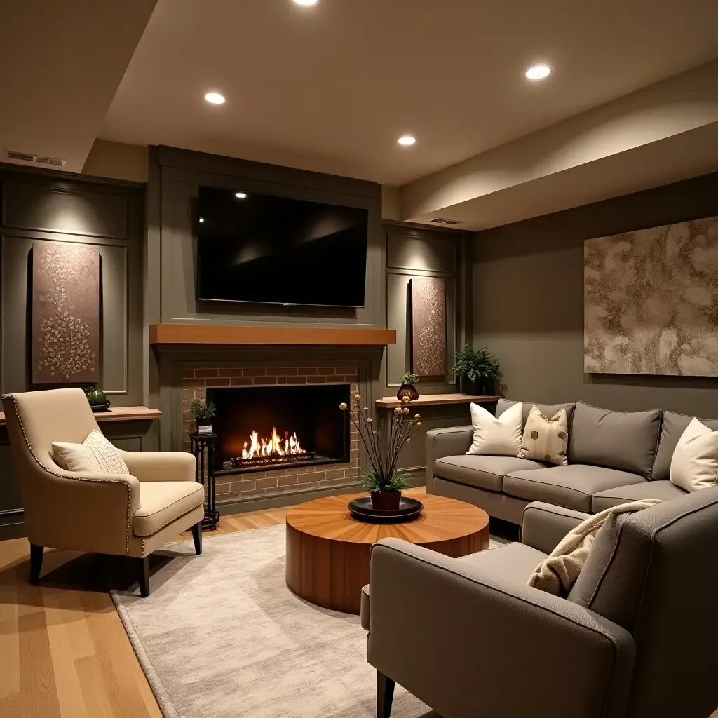 a photo of a basement fireplace area with cozy seating and decor