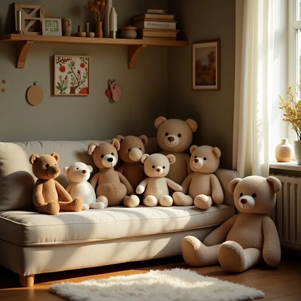 a photo of a cozy corner filled with stuffed animals