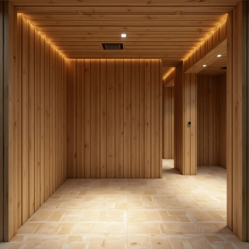 a photo of a basement with a wooden feature wall