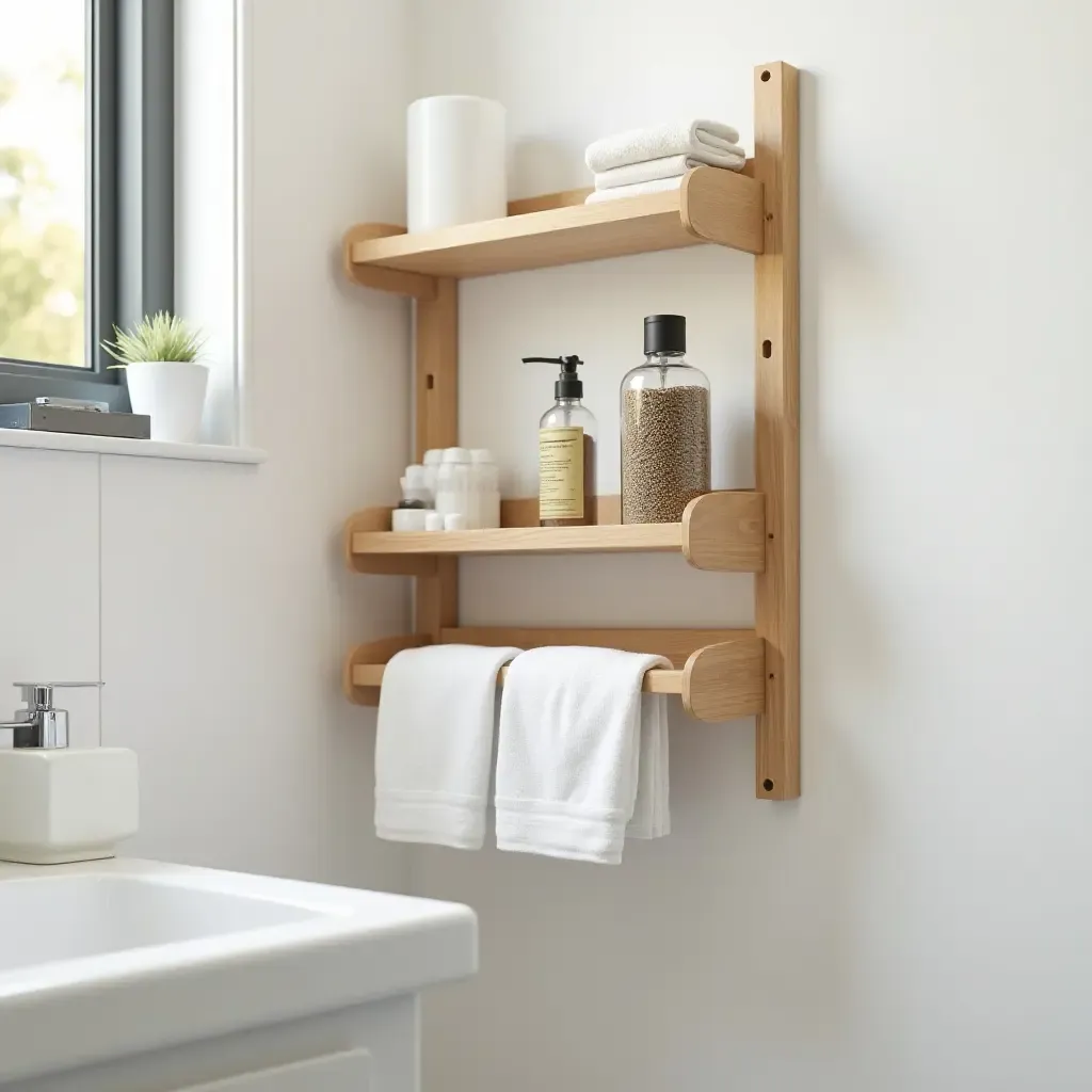 a photo of a bathroom with a wall-mounted spice rack for toiletries