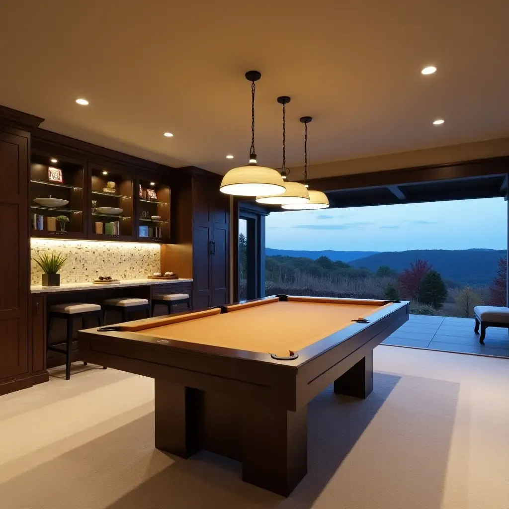 a photo of a contemporary basement with pendant lights over a pool table