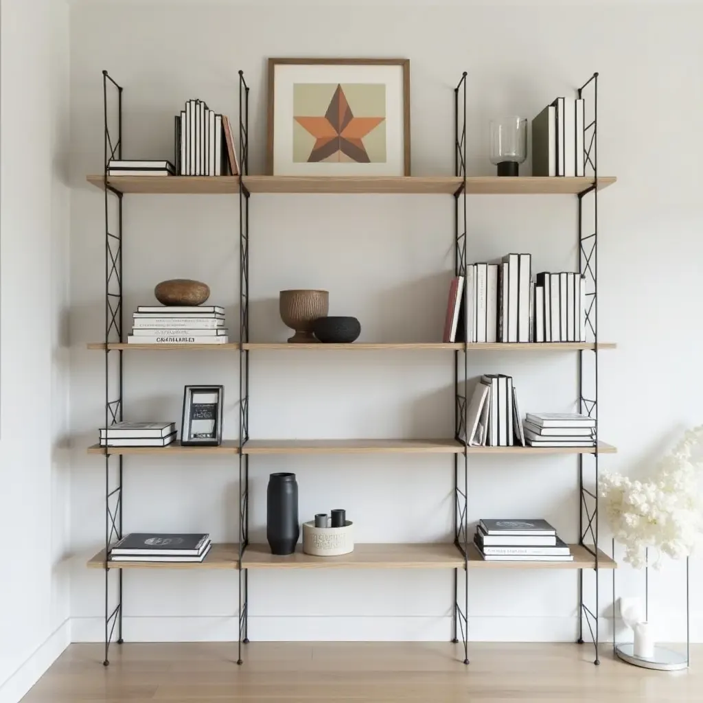 a photo of minimalist open shelving showcasing a mix of books and art pieces