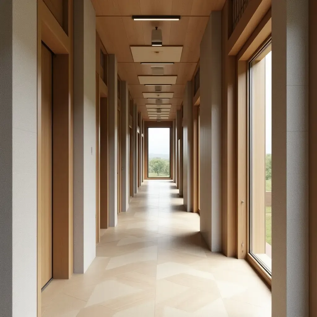 a photo of a modern corridor showcasing a blend of fabric, wood, and metal elements