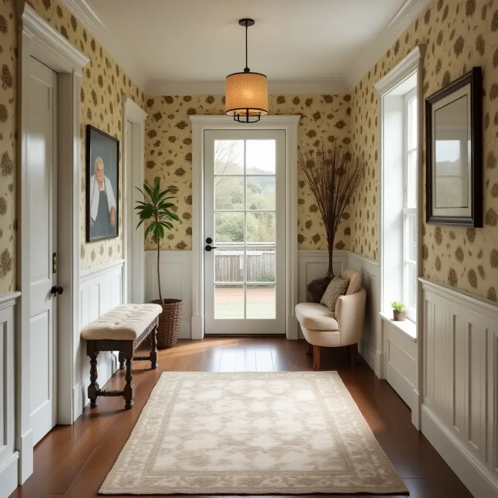 a photo of a warm corridor with farmhouse-style wallpaper and decor