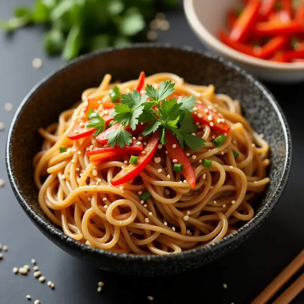 a photo of spicy Korean buckwheat noodles with colorful vegetables and sesame seeds