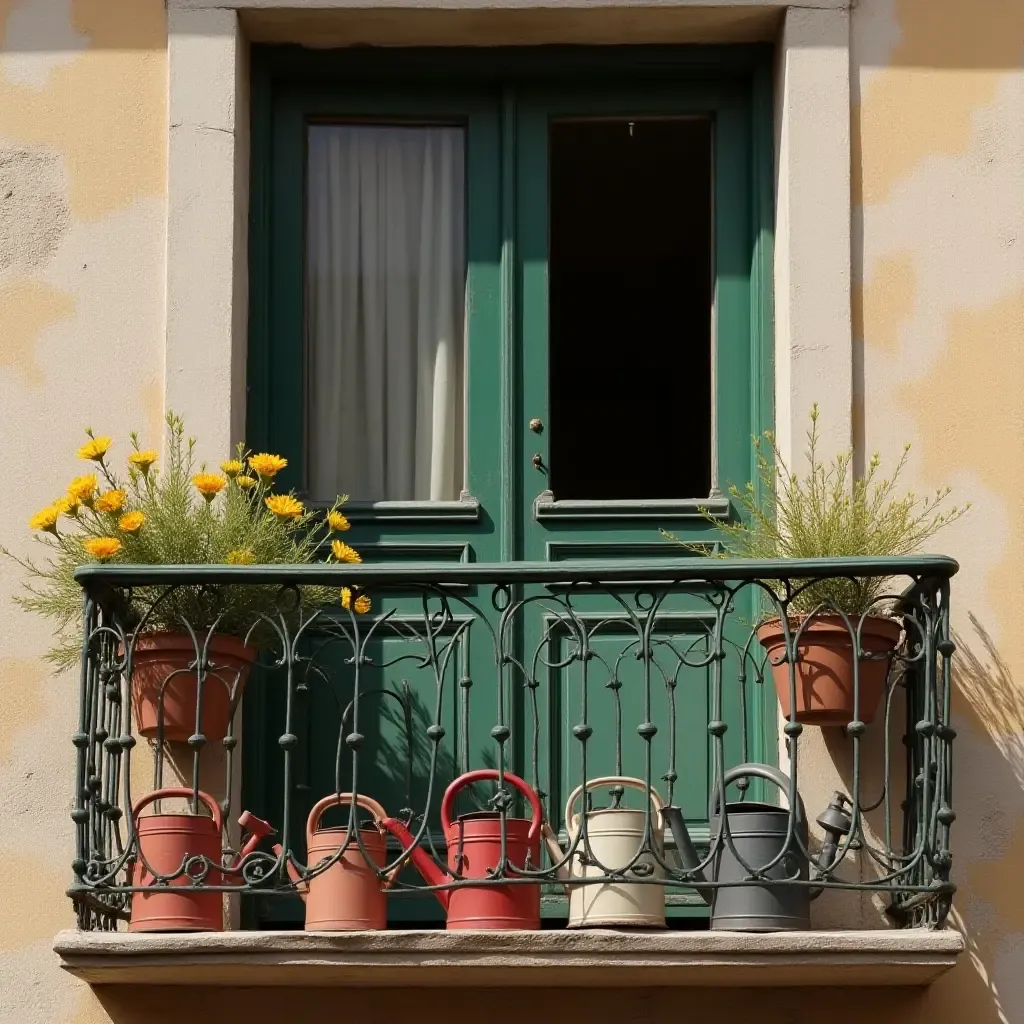 a photo of a balcony featuring a collection of vintage watering cans