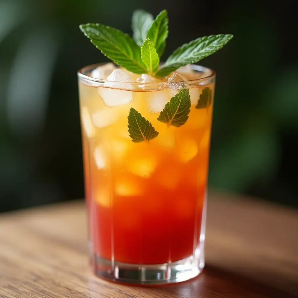 a photo of a colorful glass of agua de jamaica with ice and mint leaves.