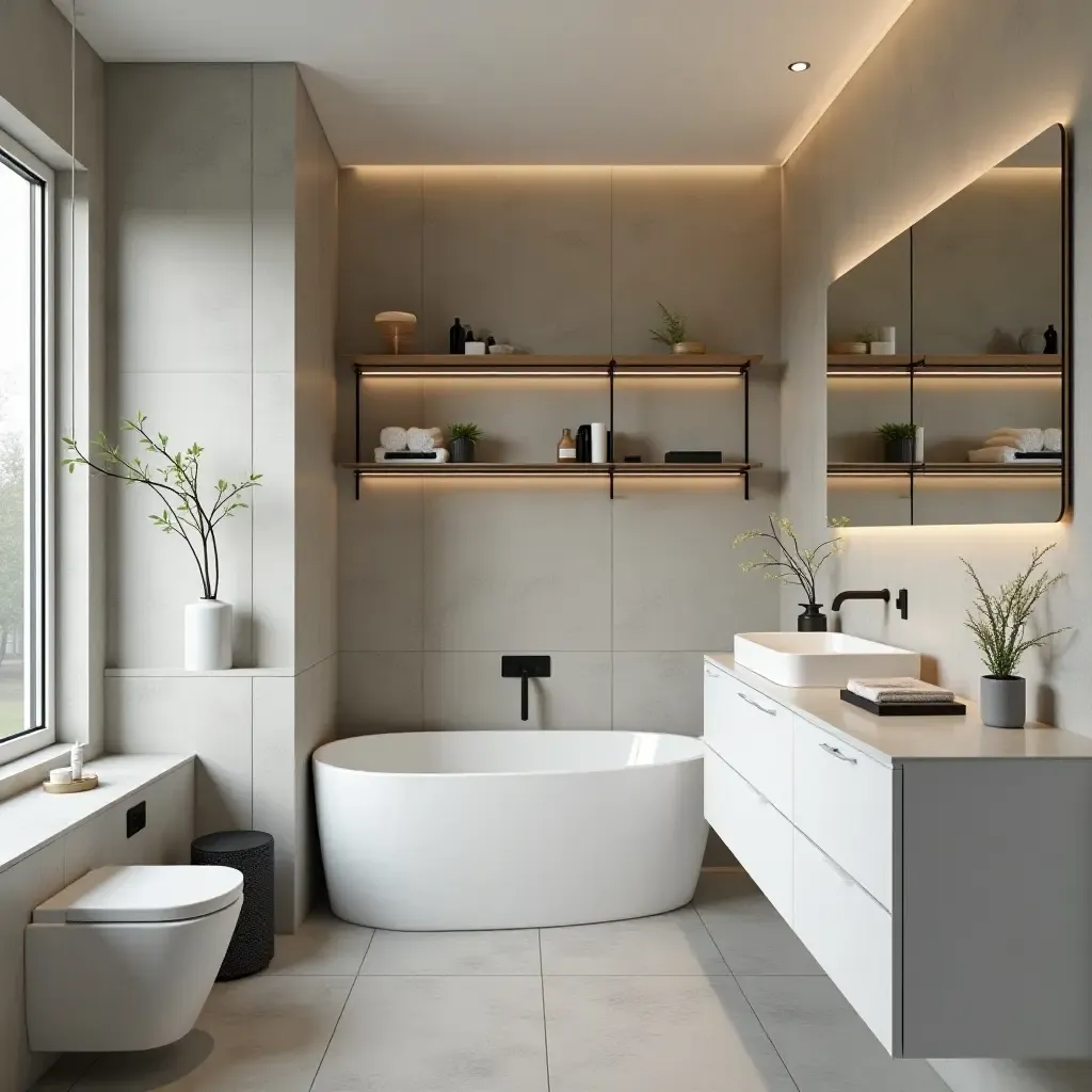 a photo of a modern bathroom with sleek metallic shelving and organization