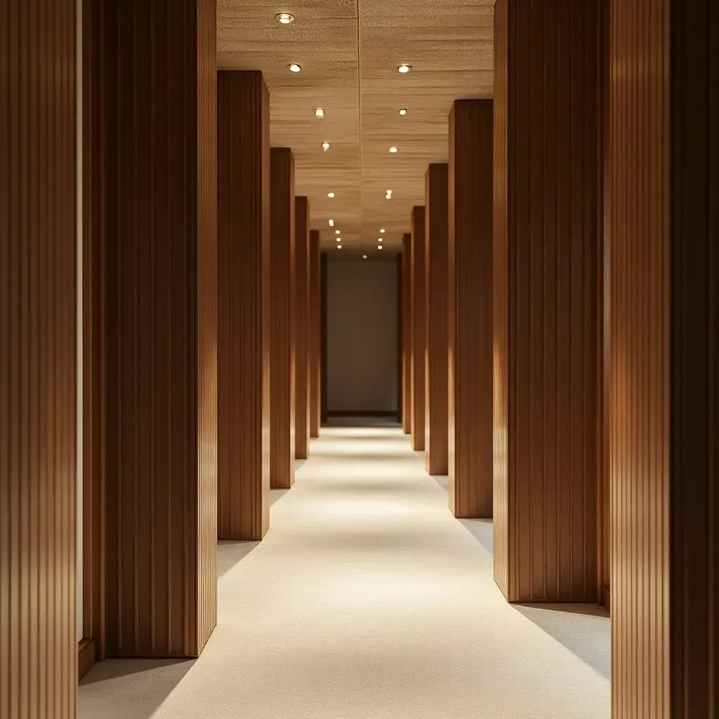 a photo of a harmonious corridor design using fabric, wood, and metal in perfect balance