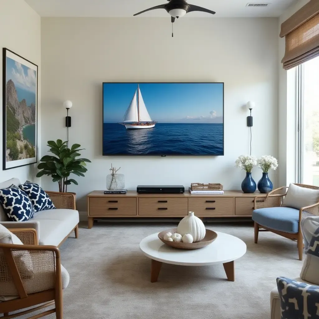 a photo of a nautical-themed TV room with marine colors and decor