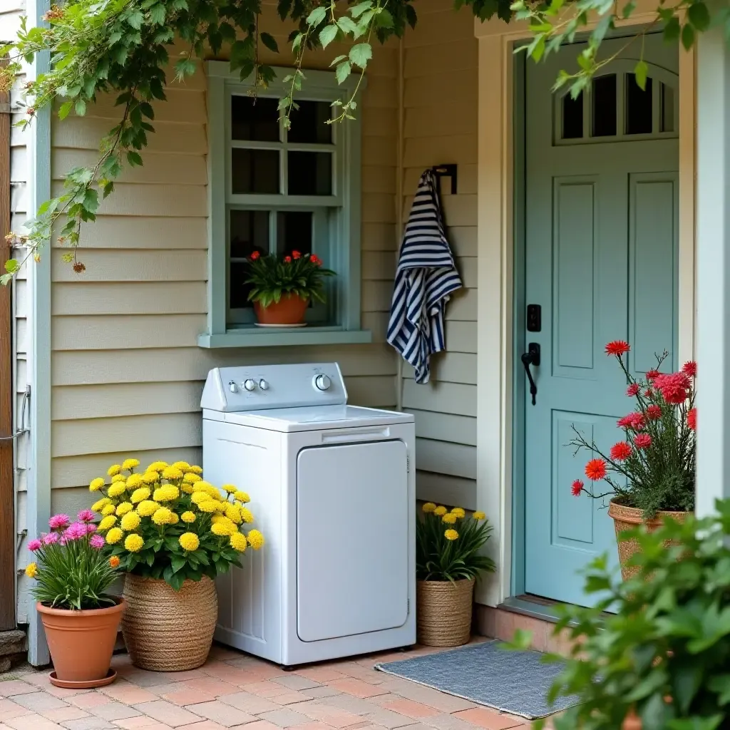 a photo of a stylish outdoor laundry corner with a vintage wash tub and bright potted plants