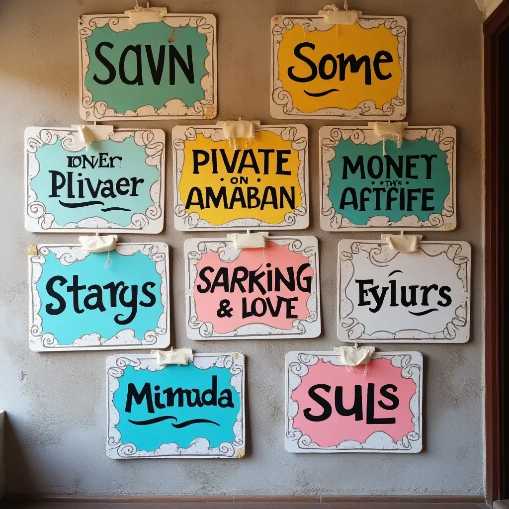 a photo of a wall of hand-painted literary genre signs