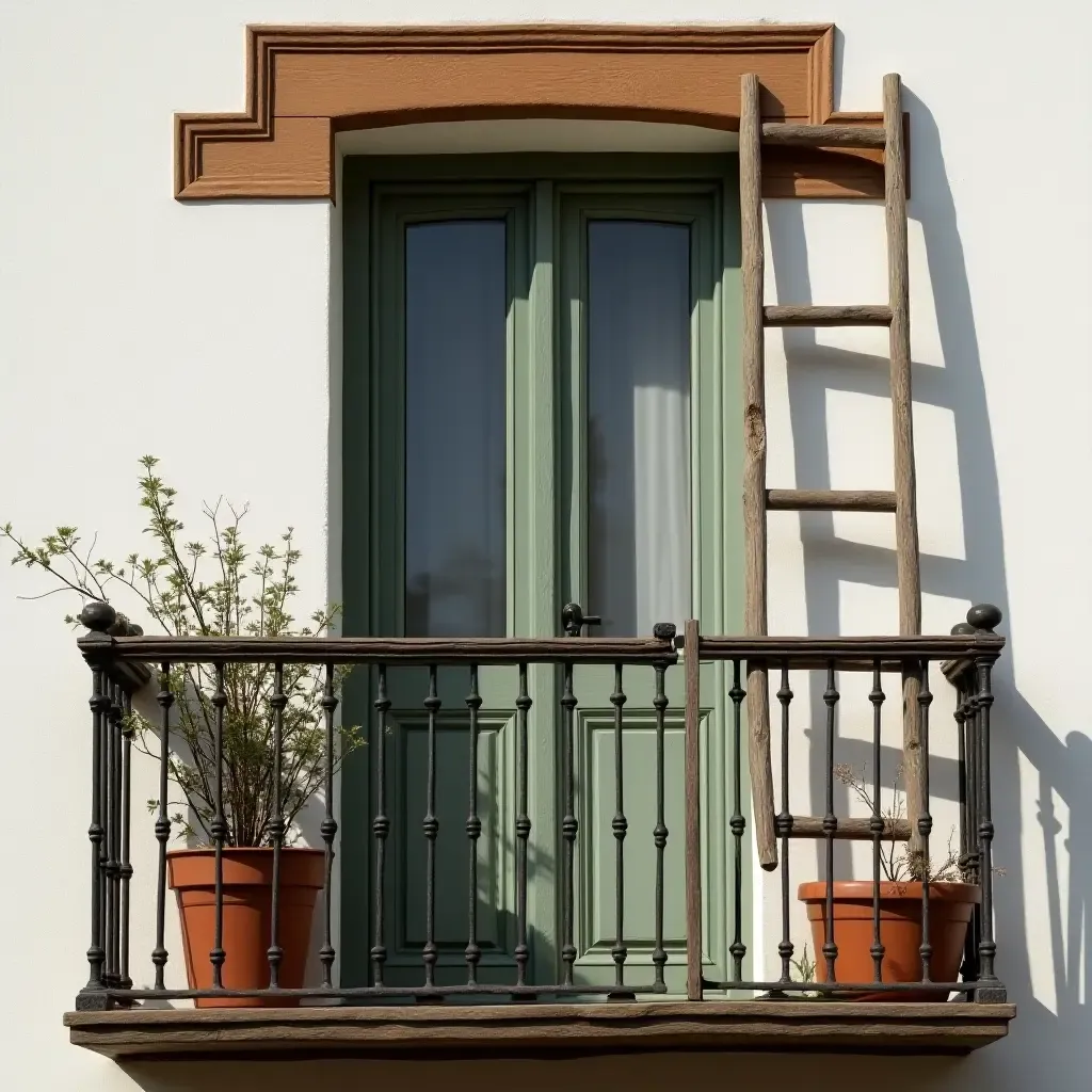 a photo of a balcony featuring an old wooden ladder as decor