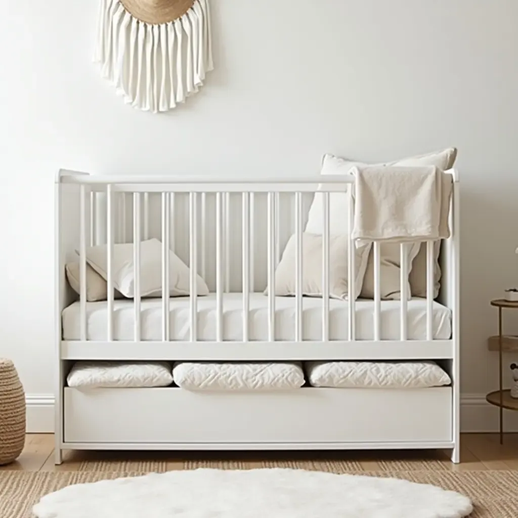 a photo of a nursery using under-crib storage solutions