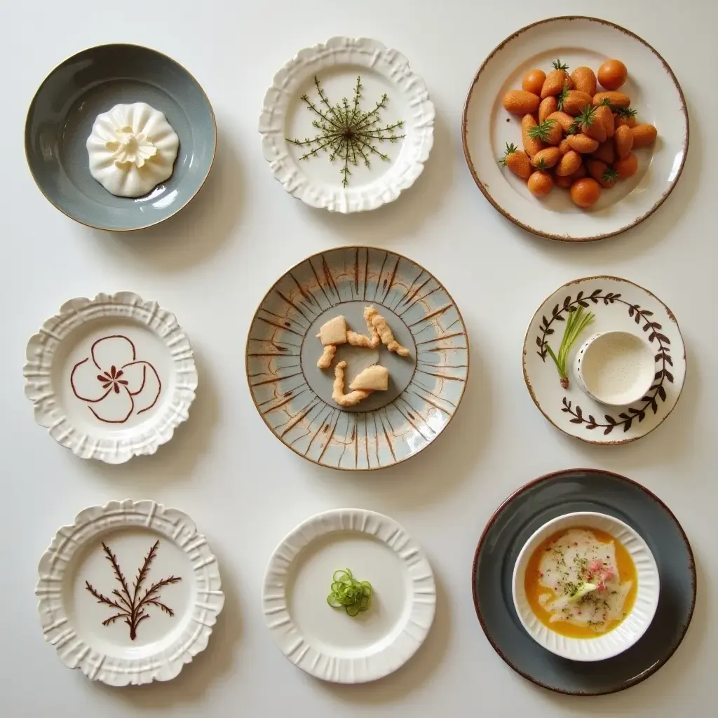 a photo of a series of artistic plates displayed on the wall