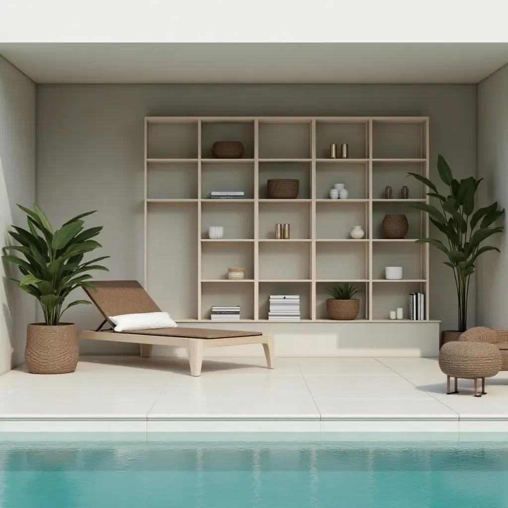 a photo of a minimalist poolside shelving space with elegant accessories