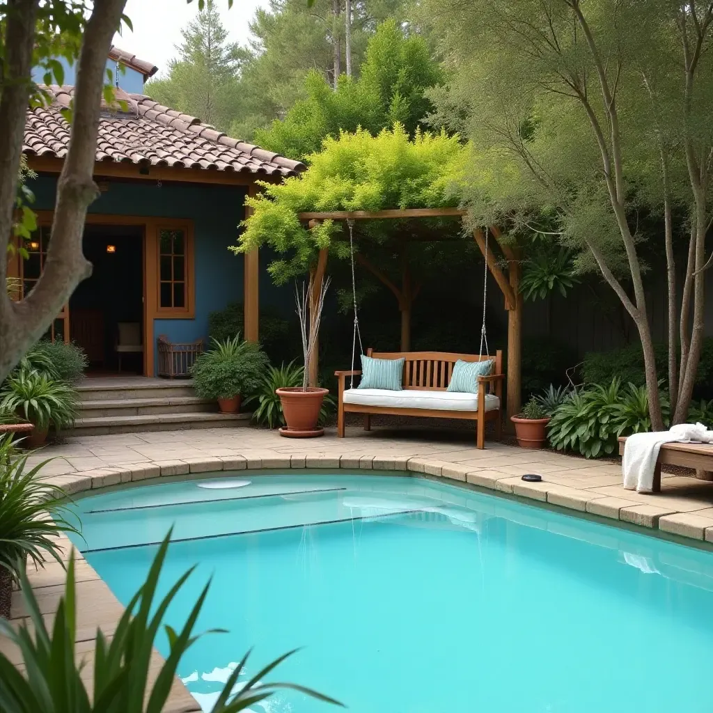 a photo of a rustic poolside retreat with a vintage-inspired swing and decor