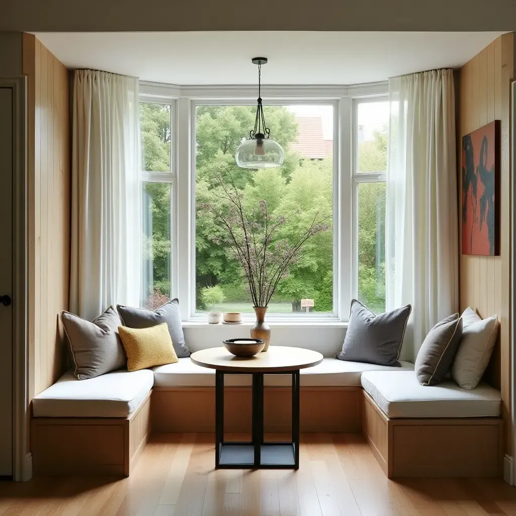 a photo of a breakfast nook with a view of the garden and natural light