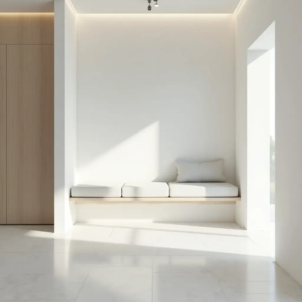 a photo of a bright and airy entrance with a sleek white bench