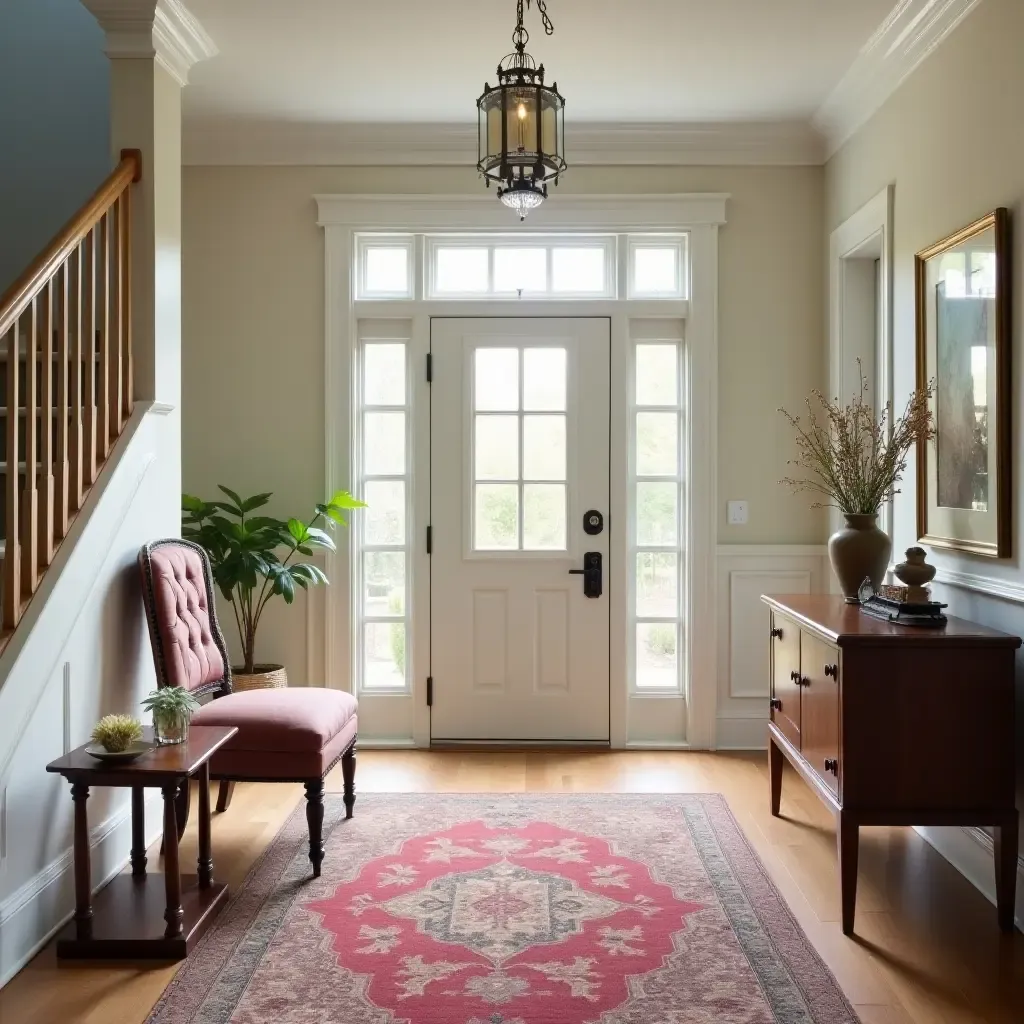 a photo of a classic entryway featuring a vintage rug and furniture