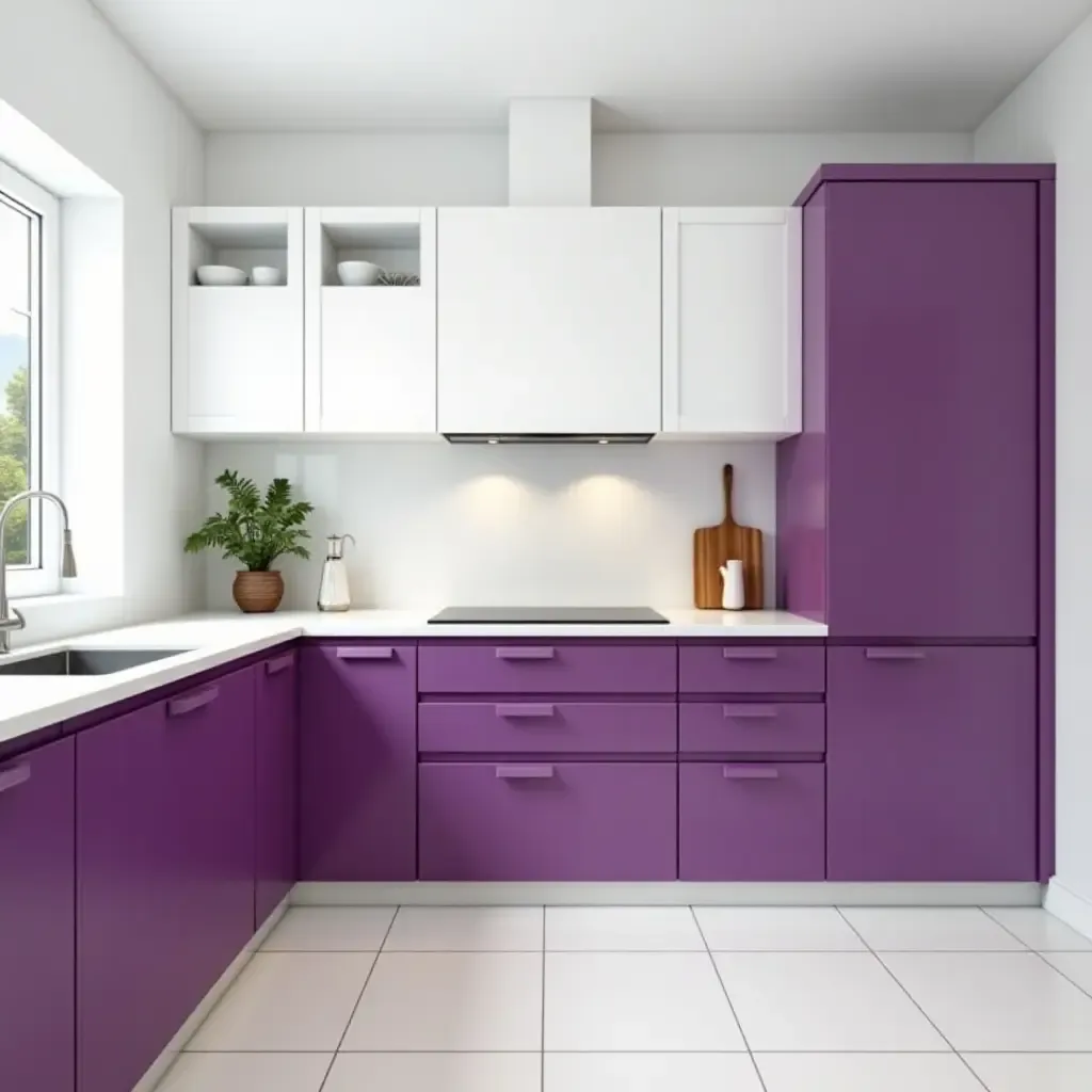 a photo of bold purple and crisp white cabinets in a stylish kitchen