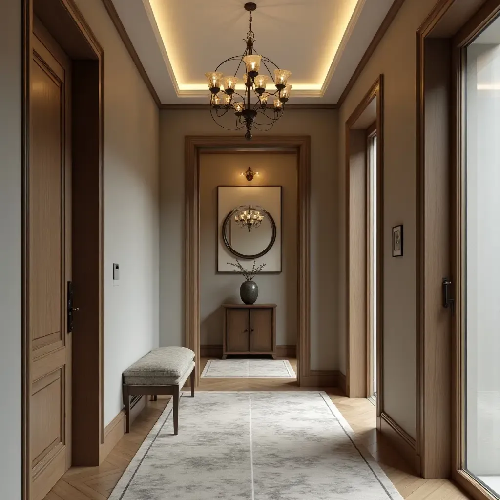 a photo of a vintage entrance hall with metallic accents