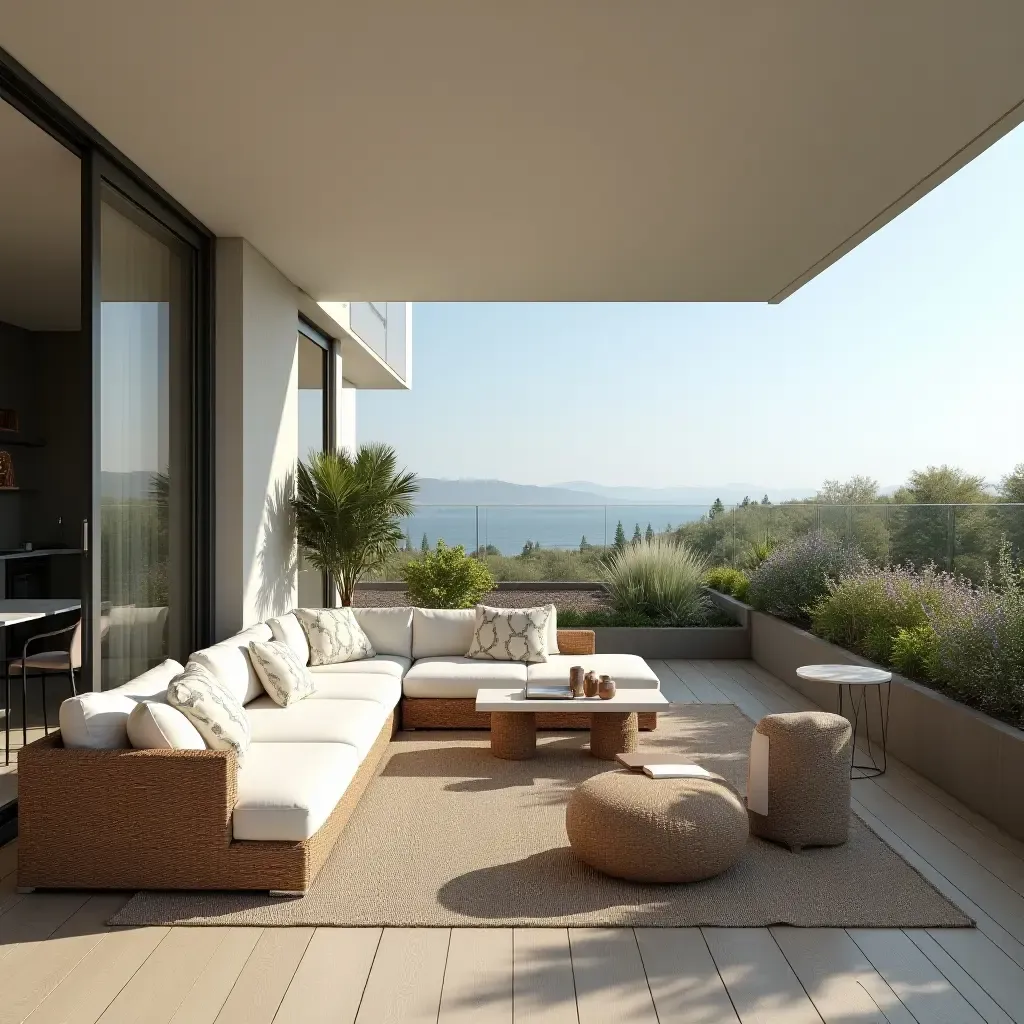 a photo of a spacious balcony with a sectional sofa and outdoor dining area