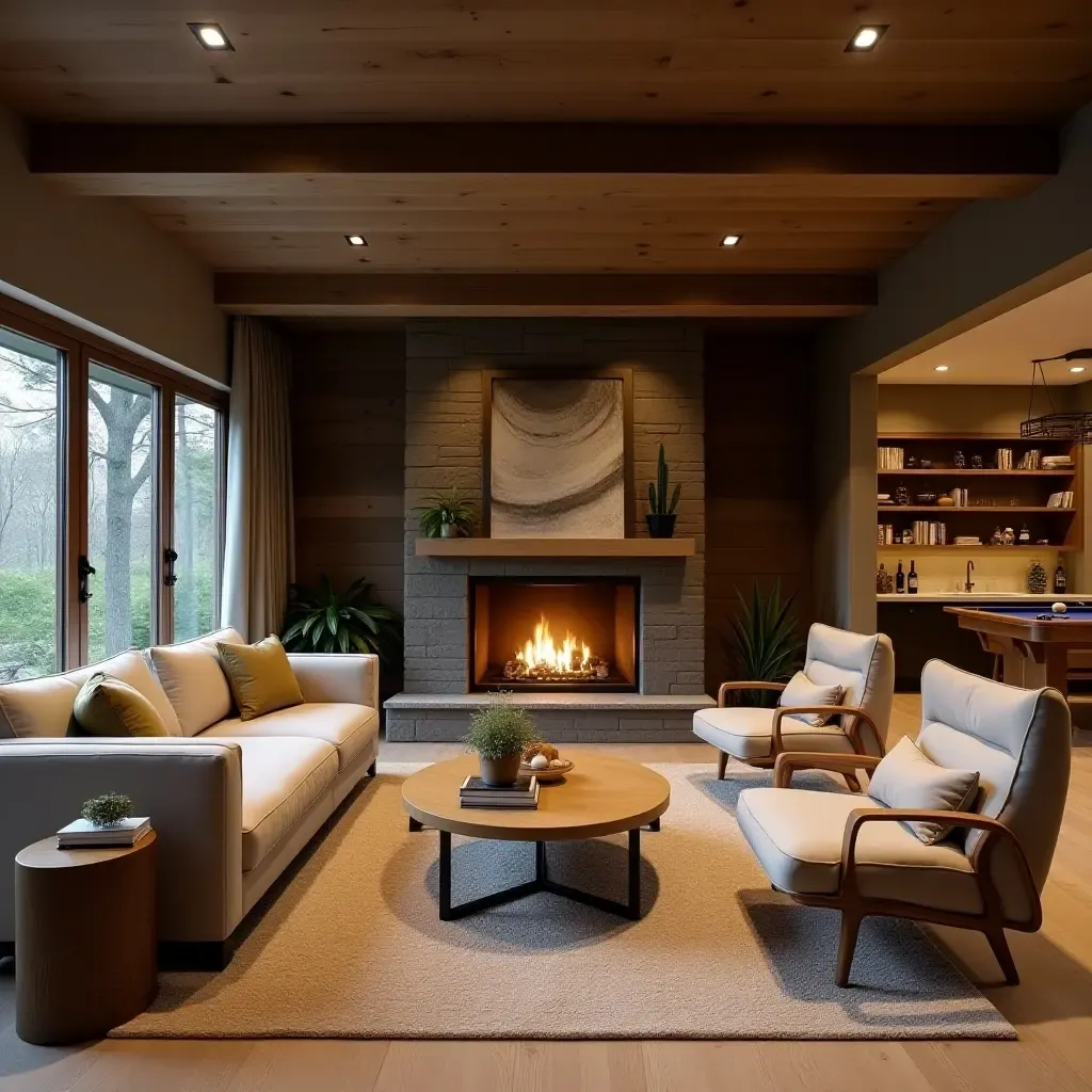 a photo of a rustic basement lounge with a fireplace and wooden accents