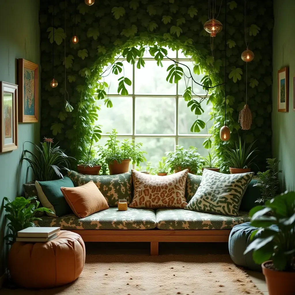 a photo of a jungle-themed reading nook with greenery and animal prints