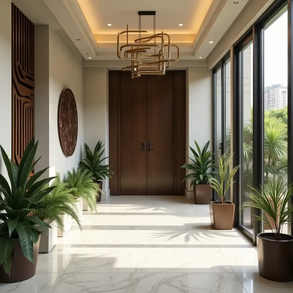 a photo of an entrance hall featuring metallic sculptures and plants