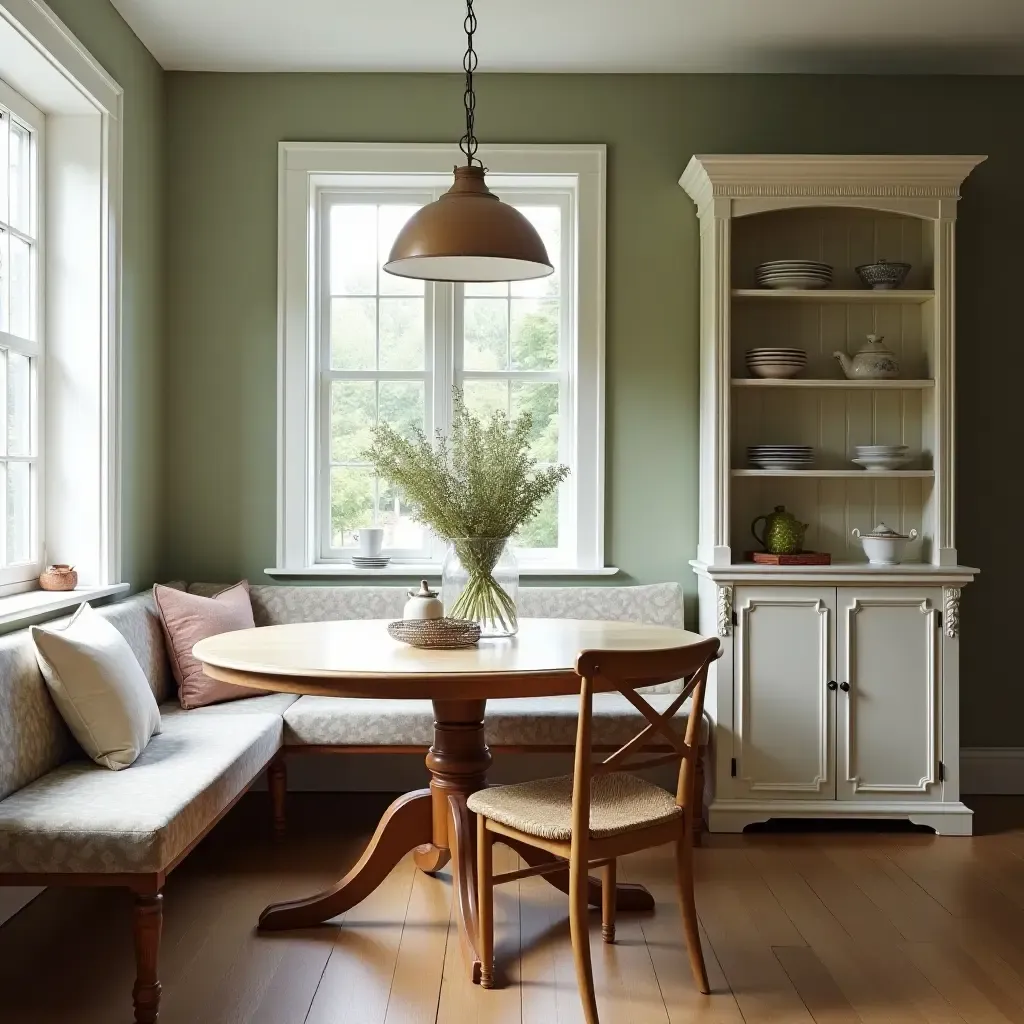 a photo of a breakfast nook with a vintage table and mismatched china