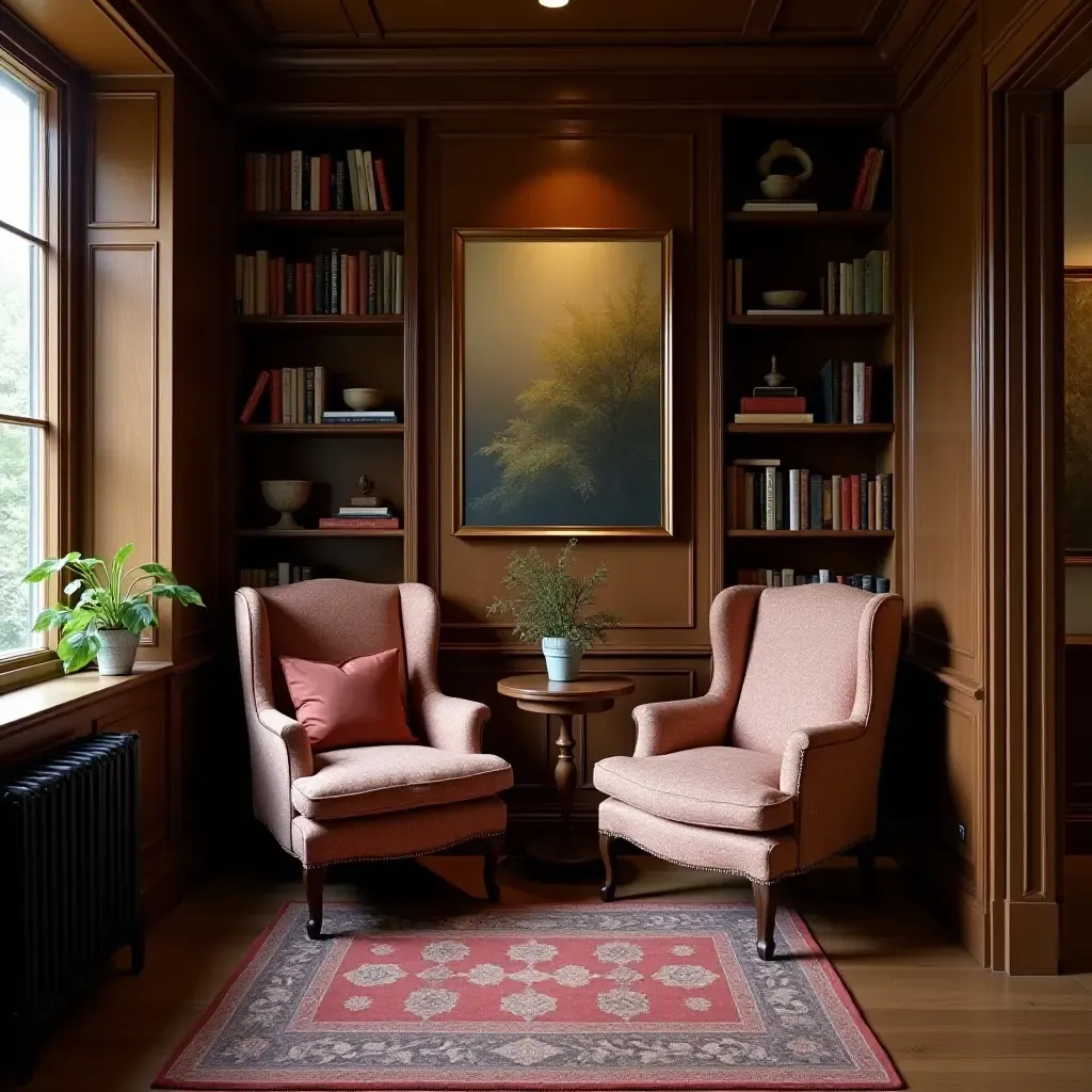 a photo of a cozy reading nook with old-fashioned armchairs