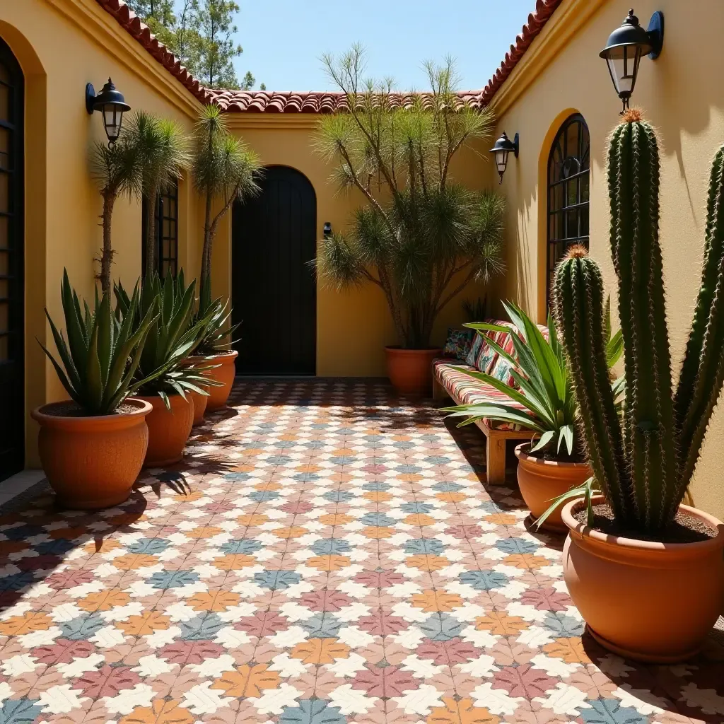 a photo of a vibrant tile mosaic patio with potted cacti