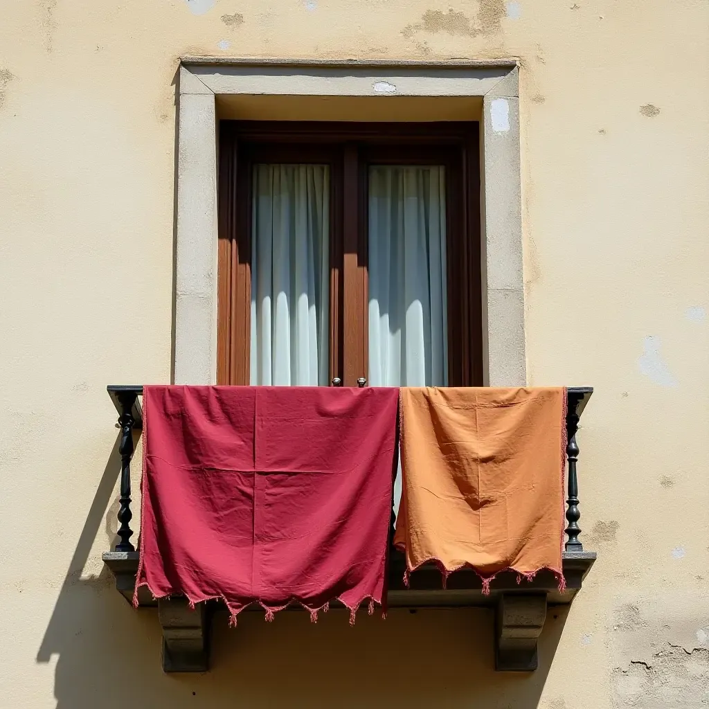 a photo of a balcony wall adorned with colorful fabric banners