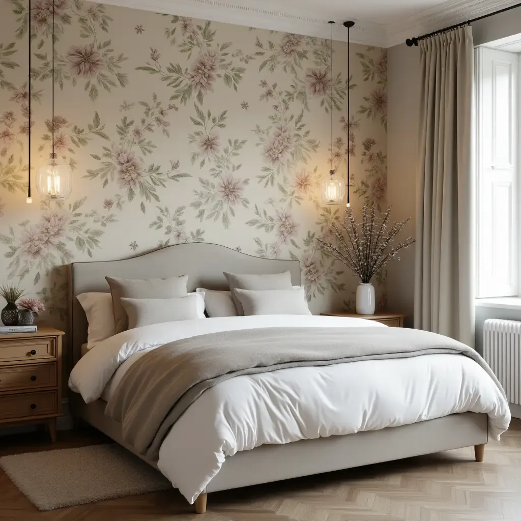 a photo of a vintage floral wallpaper in a cozy bedroom