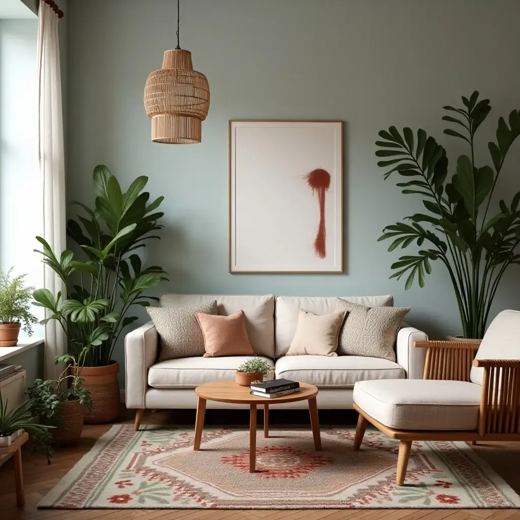 a photo of a bohemian living room with eclectic decor and plants