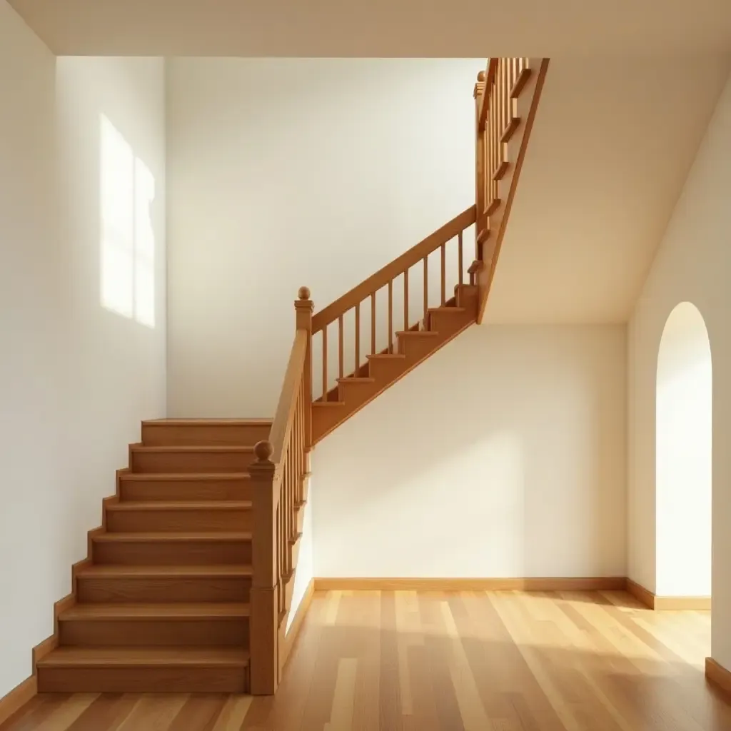 a photo of a wooden staircase in a bright corridor