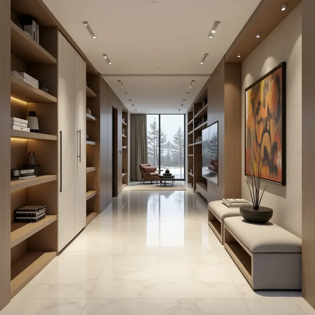 a photo of an entrance hall with open shelving and a gallery wall effect