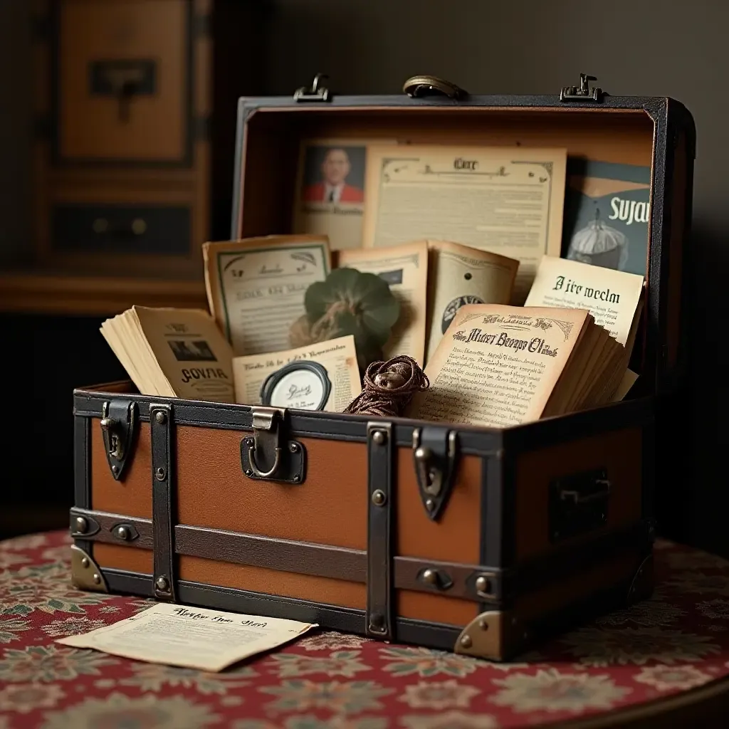 a photo of an antique trunk filled with nostalgic memorabilia