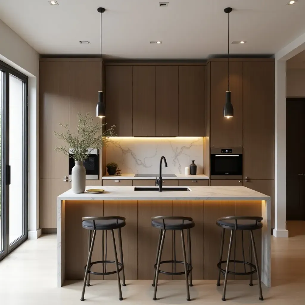 a photo of a kitchen with a sleek breakfast bar and elegant decor