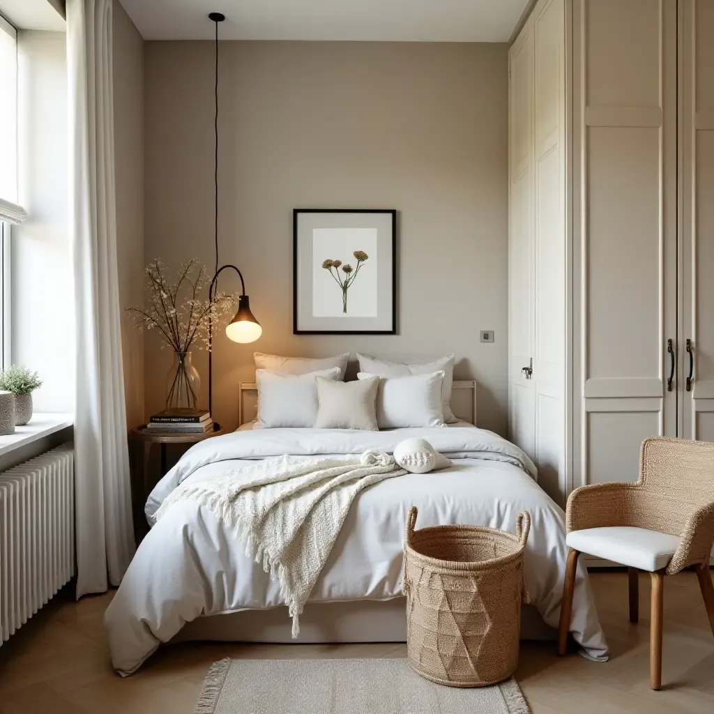 a photo of a small bedroom with decorative storage baskets