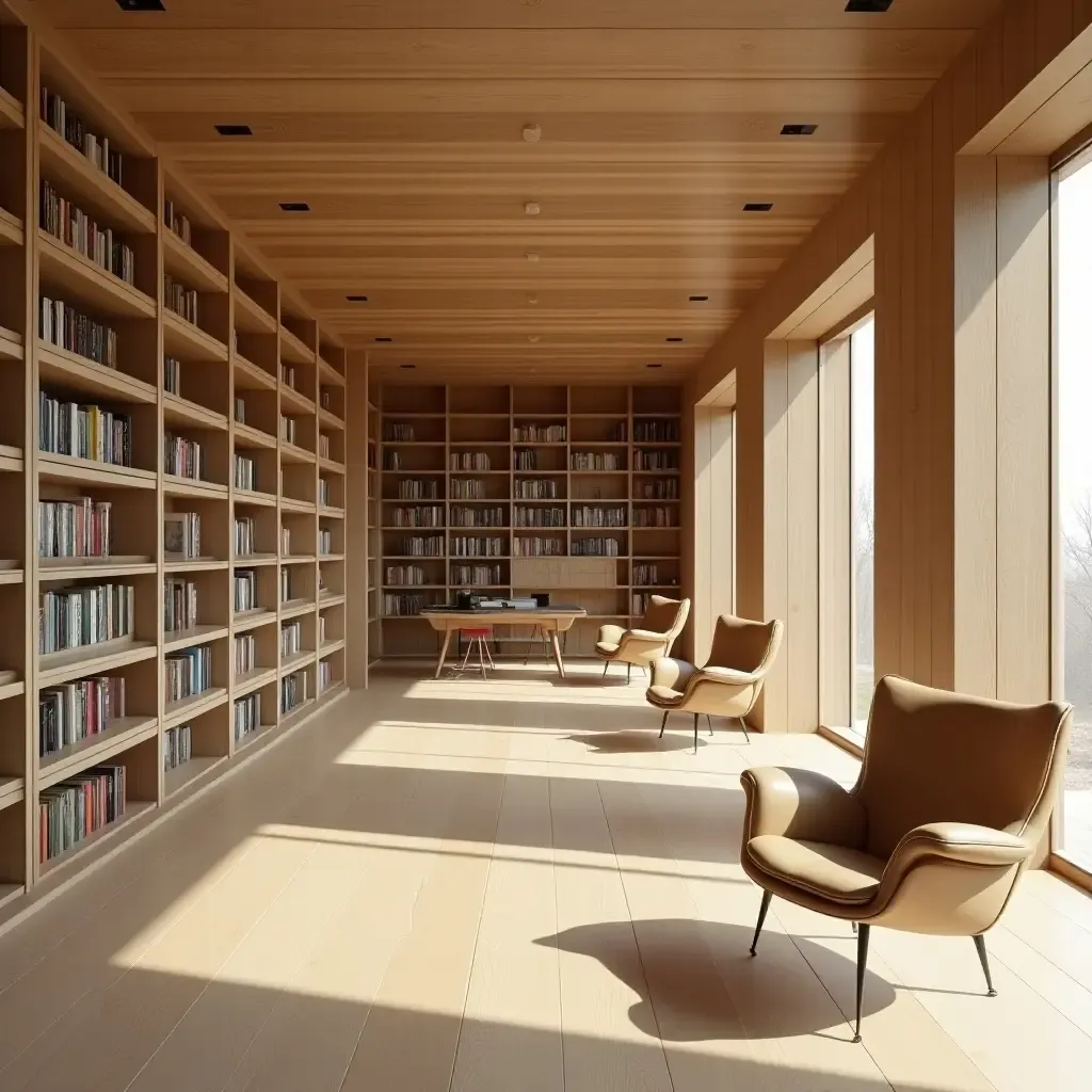 a photo of a library with light wood furniture and an open layout