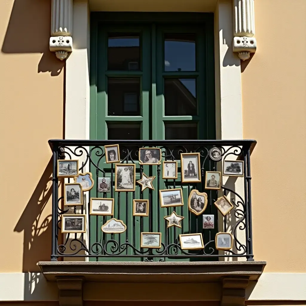 a photo of a balcony decorated with vintage postcards and photo frames