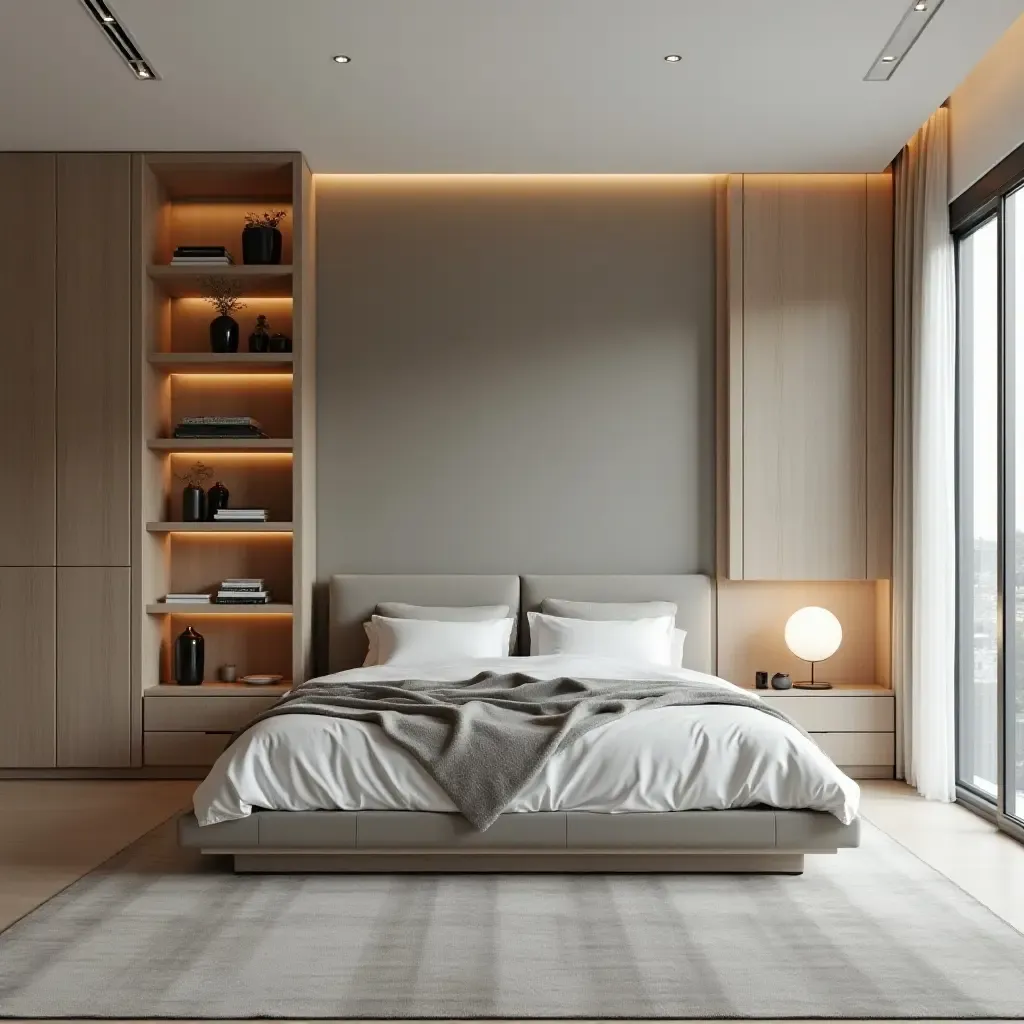 a photo of a sleek bedroom with metallic shelving units