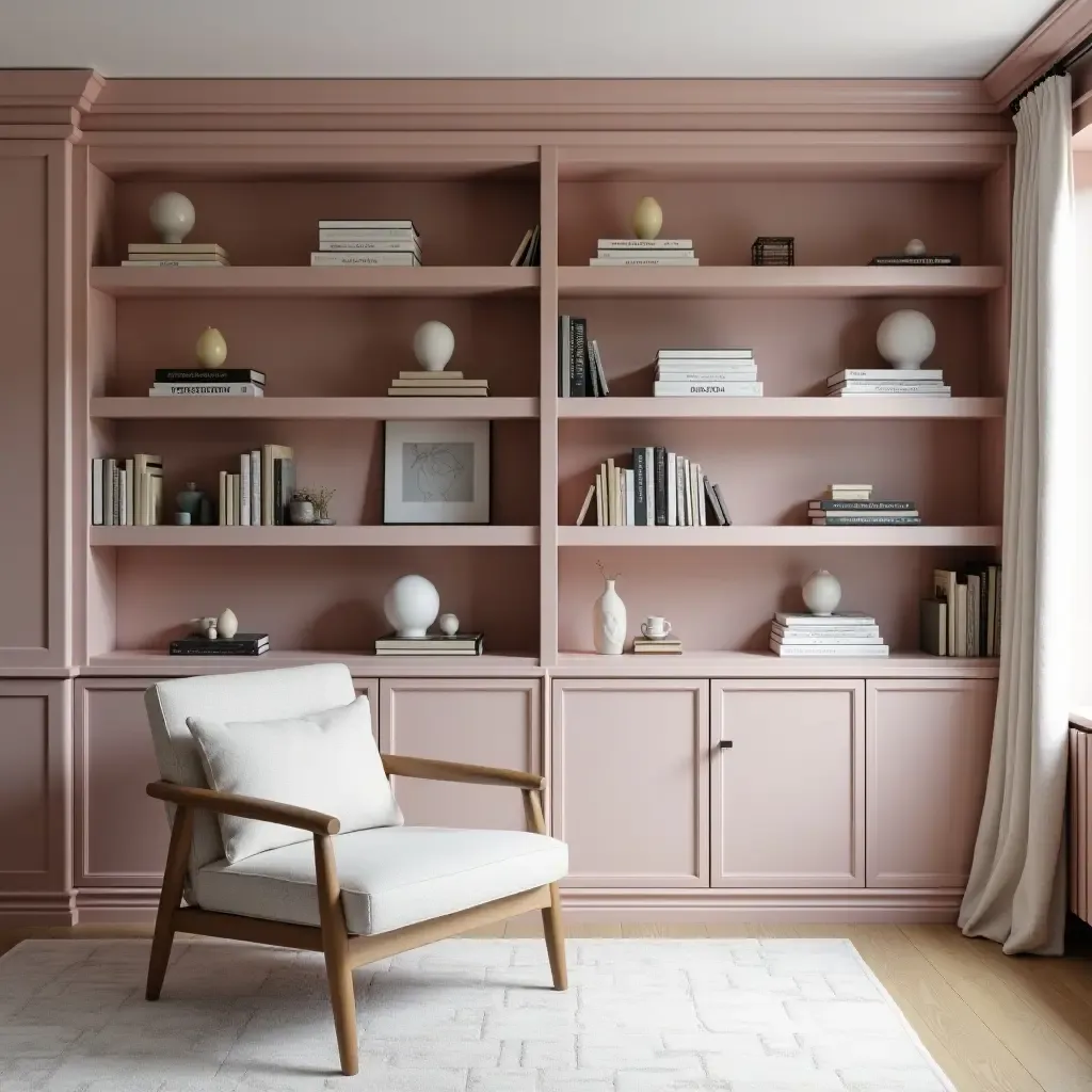 a photo of a trendy blush pink and gray library with stylish shelves