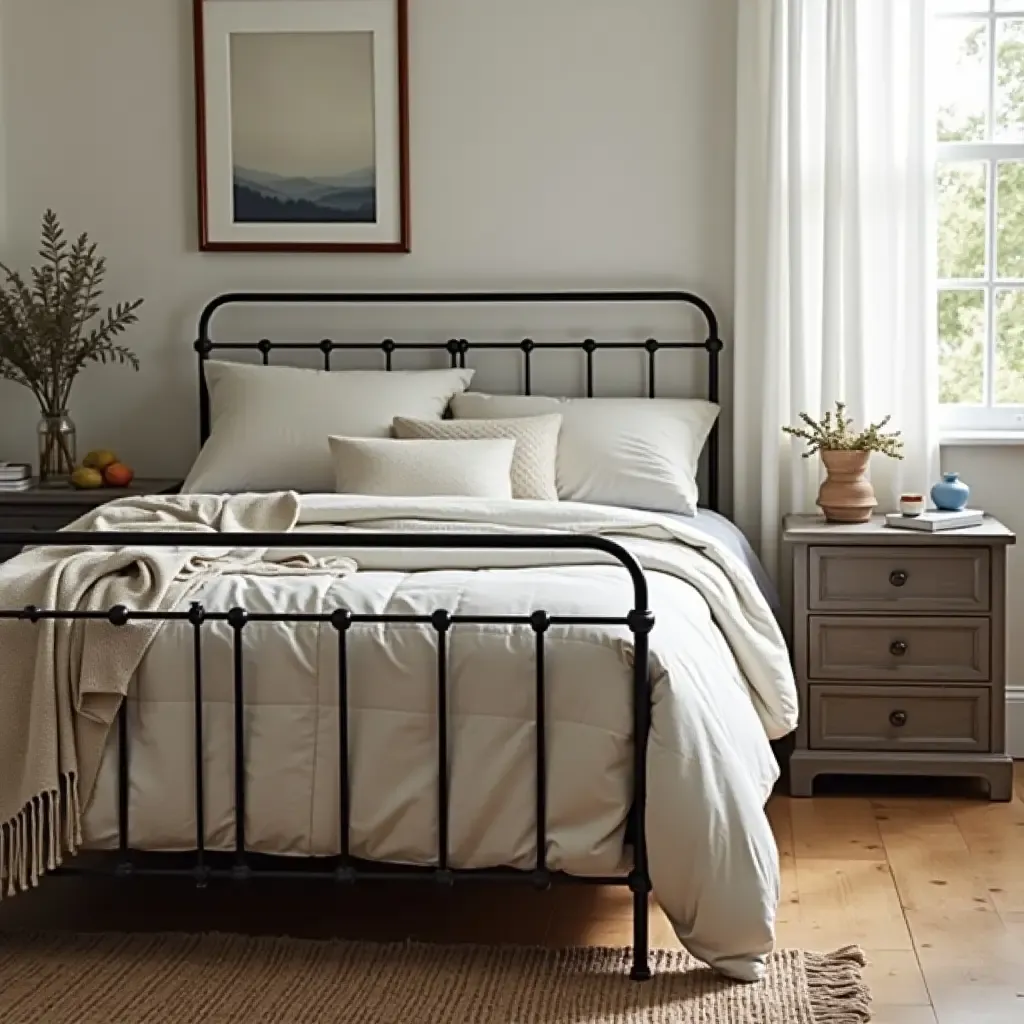 a photo of a vintage-inspired metal bed frame with linens