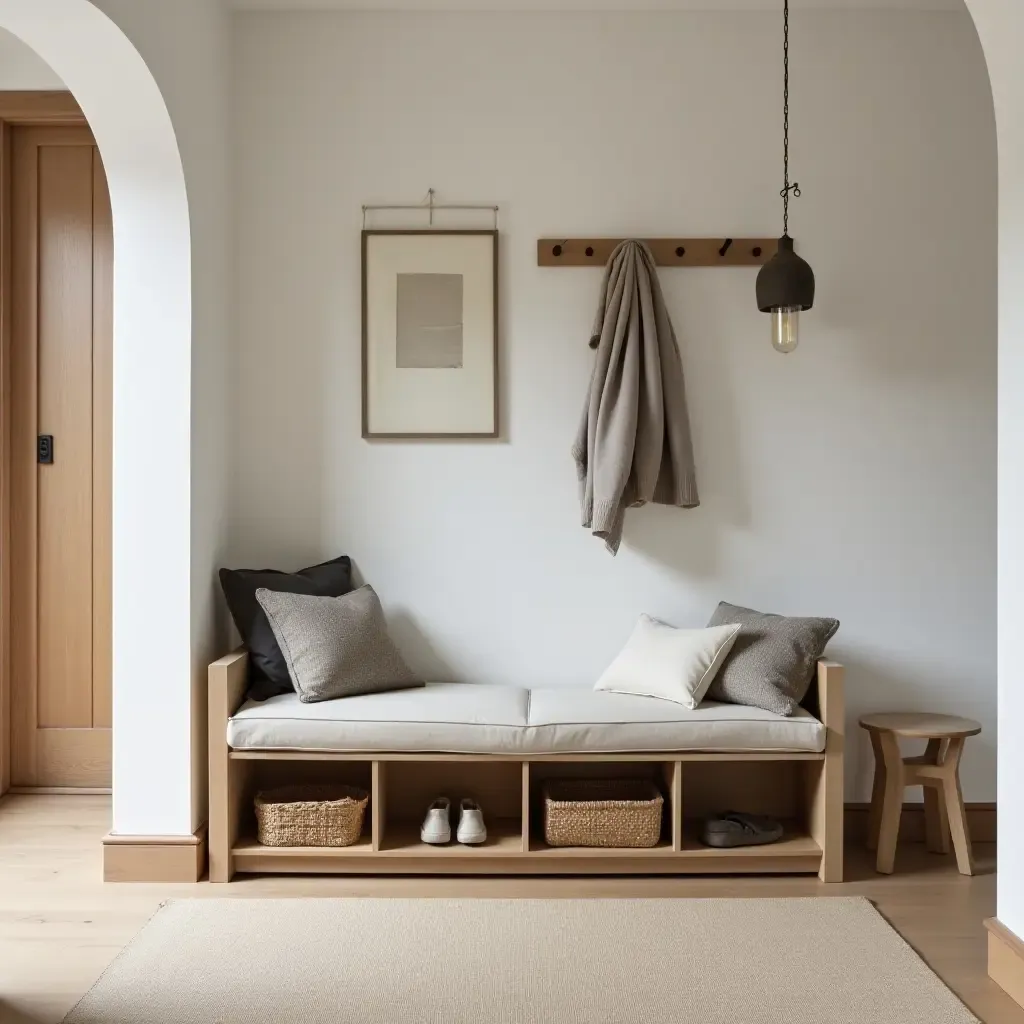 a photo of a multifunctional bench with storage in a stylish entrance