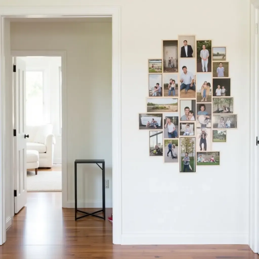 a photo of a DIY photo collage wall in the entrance hall