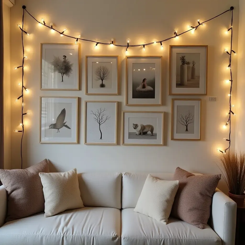 a photo of a gallery wall with a whimsical theme featuring fairy lights